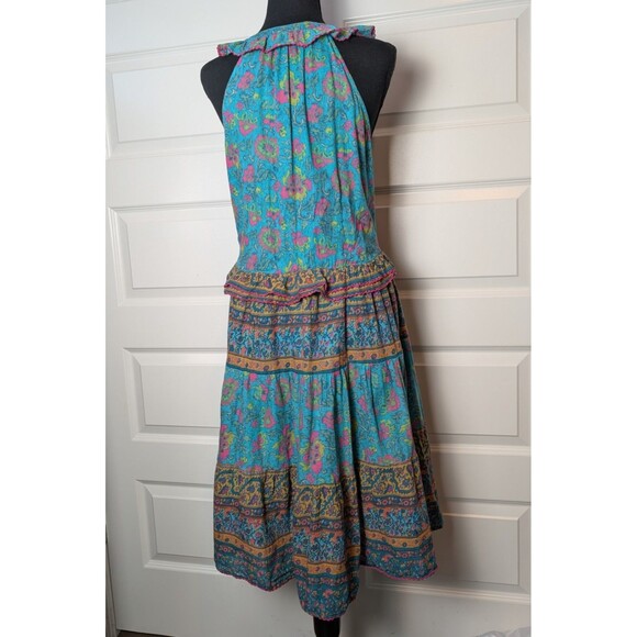 Sundance Size M Teal Floral Ruffle Tiered Midi Dress Cotton Boho Hippie Chic - Picture 5 of 12